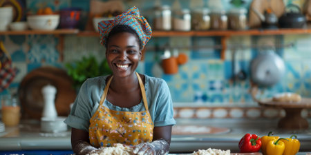 Portrait of a smiling African woman preparing dough in a colorful kitchenの素材
