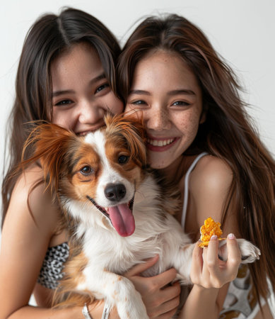 Two young women with a small dogの素材
