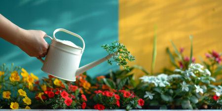 A person watering flowers in a gardenの素材