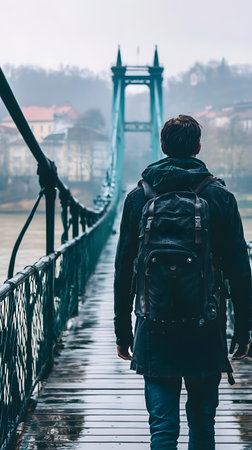 Man Walking Across Suspension Bridge in Foggy Weatherの素材