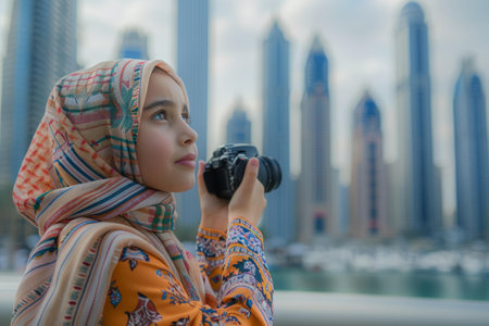 Young girl in hijab taking photo of cityscapeの素材