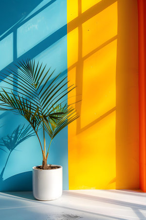 Green Plant in White Pot on Blue and Yellow Wallの素材