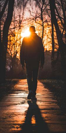 Silhouette of a Man Walking Away From Sunset in Forestの素材