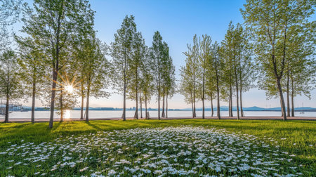 Riverside Park with Trees and Flowers at Sunriseの素材