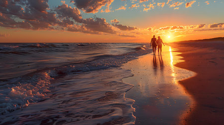 lovers walking on beach at sunsetの素材