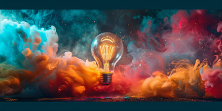 Glowing Lightbulb in a Cloud of Vibrant Colorsの素材