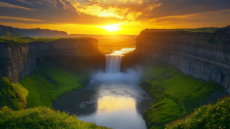 Majestic Waterfall at Sunrise in a Canyon Landscapeの素材