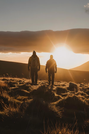 Two Hikers Walking Towards the Sunsetの素材