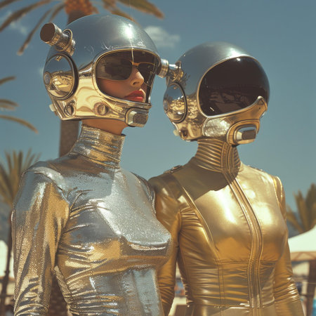 Two women wearing silver and gold space helmetsの素材