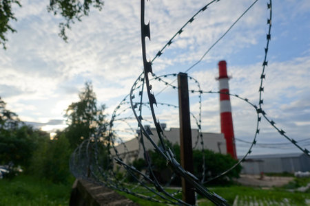 Barbed wire on a fenceの写真素材