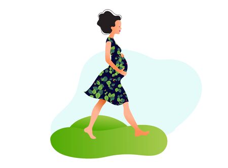 Happy young pregnant woman walking in the beautiful garden. Active well fitted pregnant female character.のイラスト素材