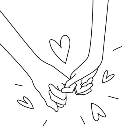 Hand in hand. Hand drawn female and a male person holding hands illustration vector doodle.のイラスト素材