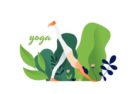 Woman practicing yoga exercise outdoor, yoga pose. Modern flat design concept of web page design or mobile website. International Yoga Day. Vector illustrationのイラスト素材