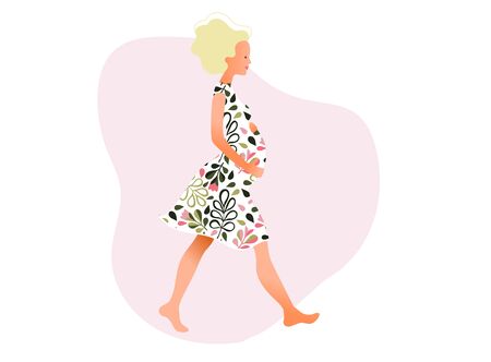Happy young pregnant woman walking in the beautiful garden. Active well fitted pregnant female character.のイラスト素材