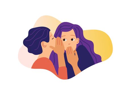Two girls gossiping vector illustration. One excited girl whispers secret to girlfriend.のイラスト素材