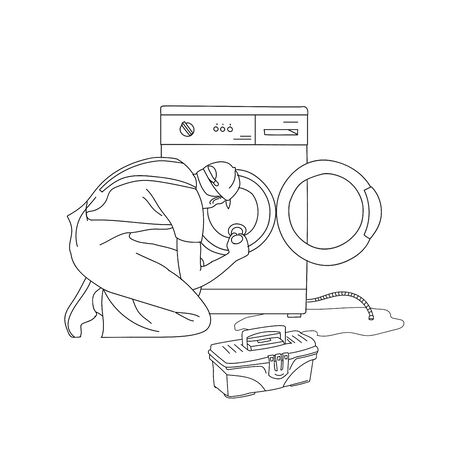 Broken washing machine. Service help. Problem with damaged home appliance vector Illustration on a white background.のイラスト素材