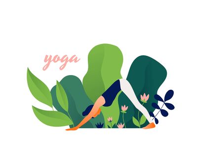 Woman practicing yoga exercise outdoor, yoga pose. Modern flat design concept of web page design or mobile website. International Yoga Day. Vector illustrationのイラスト素材