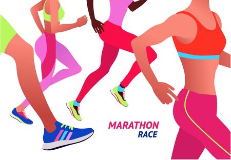 Running multinational people in bright sportswear. Men and women running marathon outdoor.Sports competition, workout or exercise, athletics. Active lifestyle. Colorful vector illustration.のイラスト素材