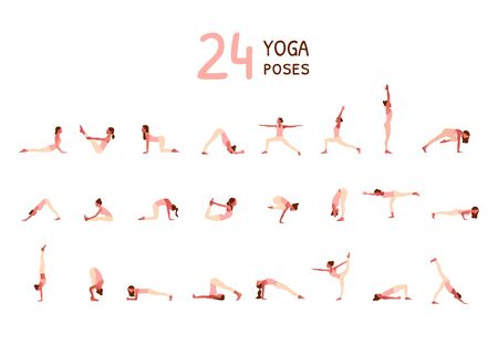 Set of tiny women performing yoga poses. Women practicing asanaのイラスト素材