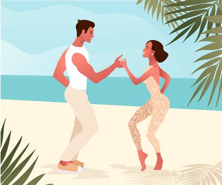 Salsa on a beach, summer dance party. Beautiful young couple dancing outdoor.のイラスト素材