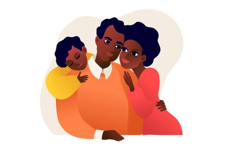 Afro American happy family with mother, father and kid. Cartoon characters.のイラスト素材