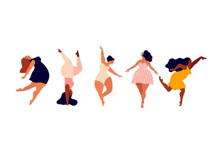 Happy women. Body positive vertical cards. Love yourself, your body lettering type.のイラスト素材