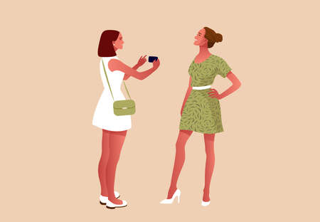 Vector flat illustration. Friends, two happy girlsのイラスト素材