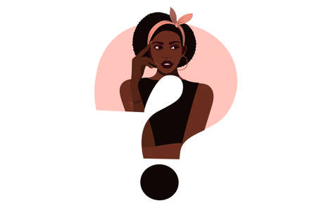 Black girl thinks. Beautiful face, question markのイラスト素材