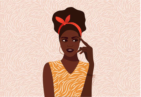 Black girl thinks. Beautiful face, question markのイラスト素材