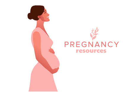 Happy pregnant woman holds her belly. Vector illustration.のイラスト素材