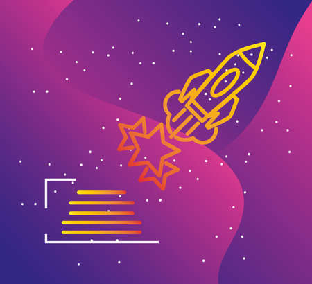 Infographic illustraion with rocket over modern purple gradient background and shiny starsのイラスト素材