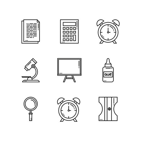 Line Icons of School Elements Including Books, Science, and Art Materialsのイラスト素材