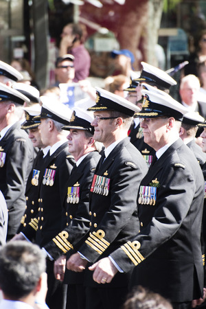 Naval officers marching in sync as the pass by the crowd as they move along Elizabeth Stのeditorial素材