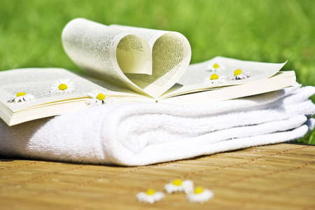 Bath towel with book and daisiesの写真素材