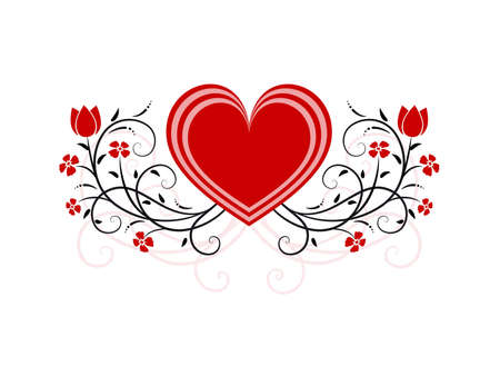 illustrated heart with ornamental flowers and blossomsの写真素材