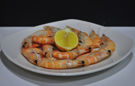 Plate of prawns and half a lemonの写真素材