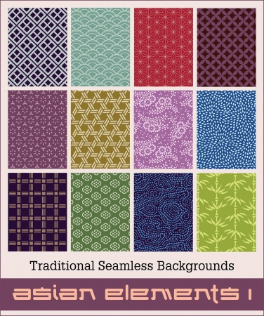 Twelve traditional Japanese seamless patterns with geometric and nature themes. のイラスト素材
