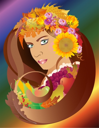 A beautiful brunette woman with green eyes and golden skin, wearing leaves and flowers of autumn and surrounded by ripe fruit and grain のイラスト素材