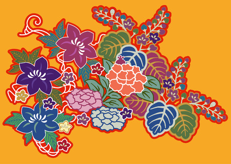 Montage of Japanese embroidery floral motifsのイラスト素材