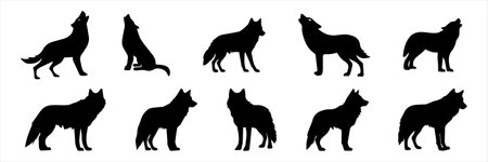 Set of black wolf silhouettes isolated on white background. Vector illustration.のイラスト素材