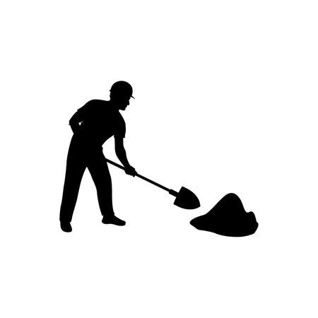Silhouette of a man with a shovel on a white backgroundのイラスト素材