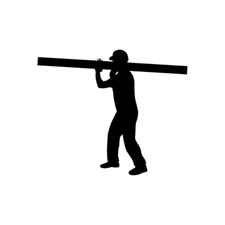 Vector silhouette of a worker with a plank on a white background.のイラスト素材