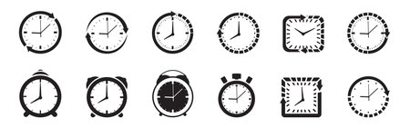 Alarm clock icons set. Black and white illustration of alarm clock vector icons for web designのイラスト素材