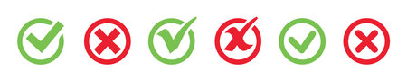check mark icon button set. check box icon with right and wrong buttons and yes or no checkmark icons in green tick box and red cross vector.のイラスト素材