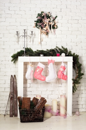 imitation of christmas firewood with socksの写真素材