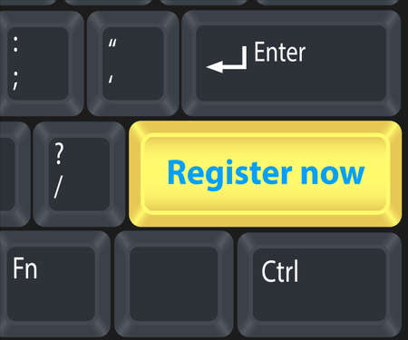 Register now on gold computer key button in black keyboard.
