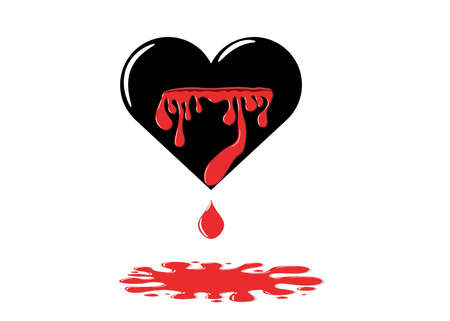 à¸ºBlack heart with red blood poured out from the wound and dripped onto the ground. Broken heart symbol vector illustration on white background. Heartbreaking concept.のイラスト素材