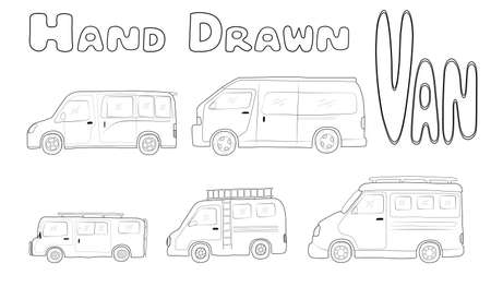 Van of various styles hand drawn. Set of doodles of cars vector illustration.のイラスト素材