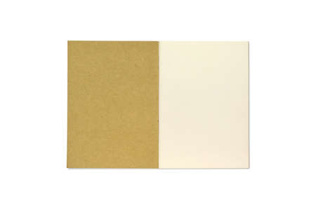 Brown hardcover notebook is open a blank page. Blank book isolated on white background with  . Top view.の写真素材