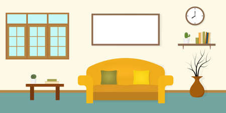 Living room with window, sofa, pillows, empty picture frame, wall clock, table, cactus, bookshelf, books and a vase with dry twigs. Flat style. Interior design vector illustration.のイラスト素材